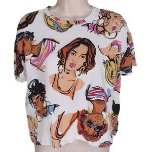 Zara Womens Faces Pop Art Colorful Graphic Cropped Tee Shirt Cotton Medium